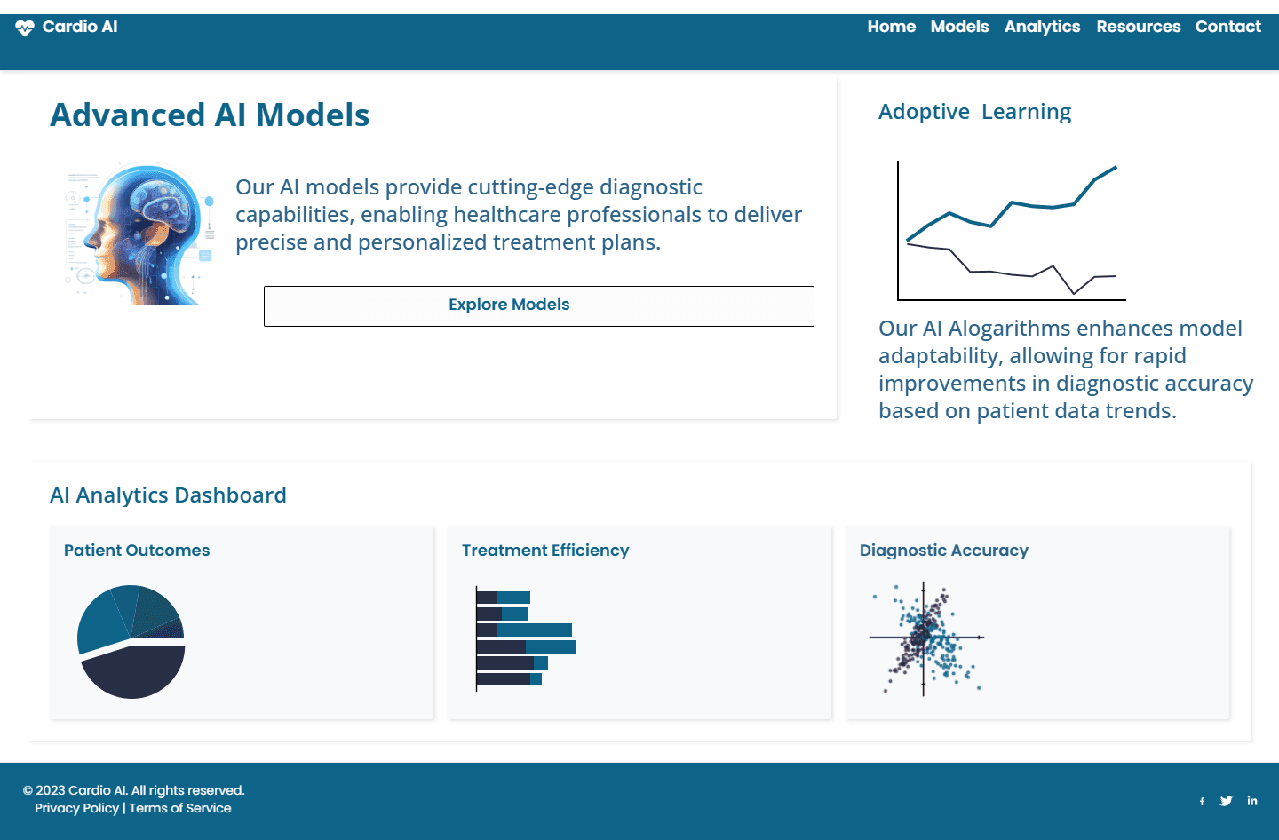 Webpage showcasing advanced AI models for healthcare diagnostics with charts and a brain illustration.