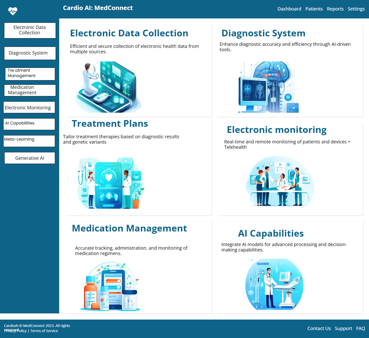 Dashboard illustrating AI solutions for healthcare including data collection, diagnostics, monitoring, and medication management.