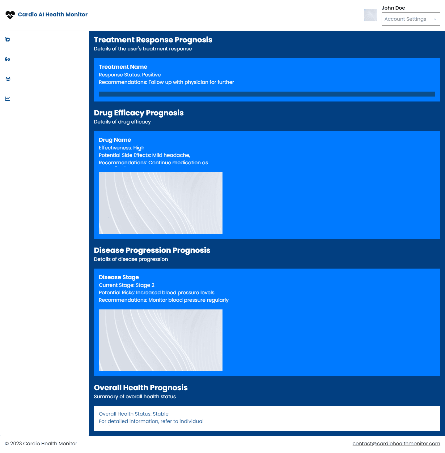 Dashboard displaying treatment response prognosis, drug efficacy prognosis, disease progression prognosis, and overall health prognosis.