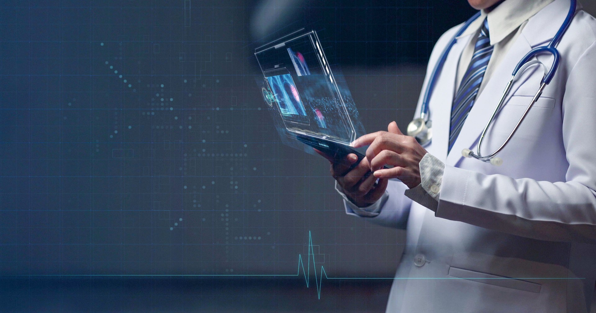 Woman doctor reviewing a human anatomy on head up display, futuristic medical examination hologram display