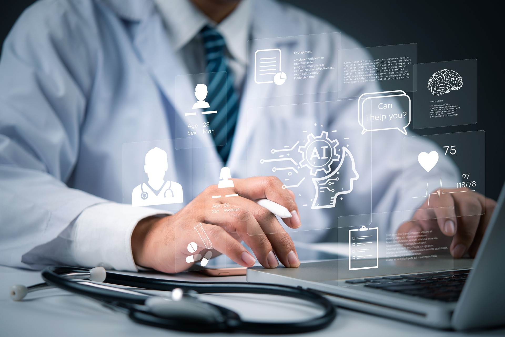 Health professional interacting with AI interface on digital tablet for patient data analysis. Best for healthtech, AI in healthcare, patient care, and medical software.